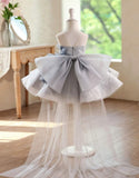 Grey 3D Floral Lace Tulle Flower Girl Dress with Bow and Detachable Train Baby Party Stage Performance Gown
