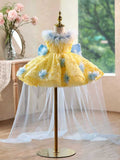 Toddler Yellow Blue Sequin Princess Dress | Detachable Train Flower Girl Wedding Gown