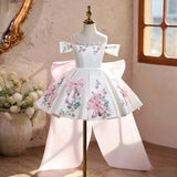 Floral Pink Bow Girls Off Shoulder Formal Dress Kids Wedding Pageant Gown