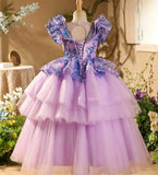 Purple Sequin Flower Girl Dress with Tiered Tulle Skirt Baby Birthday Party Gown