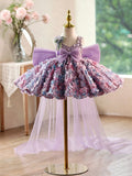 Purple 3D Flower Detachable Train Flower Girl Dress | Sequin Toddler Pageant Gown