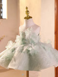 Sage Green Flower Girl Dress with 3D Floral Appliqué Kids Princess Tulle Gown for Birthday Piano Performance Pageant