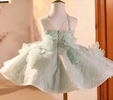 Sage Green Flower Girl Dress with 3D Floral Appliqué Kids Princess Tulle Gown for Birthday Piano Performance Pageant