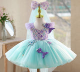 Mint Green Princess Birthday Dress for Toddler Girls | Sequin Flower Girl Tutu Gown with Headband Veil