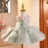 Sage Green Flower Girl Dress with 3D Floral Appliqué Kids Princess Tulle Gown for Birthday Piano Performance Pageant