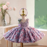 Purple 3D Flower Detachable Train Flower Girl Dress | Sequin Toddler Pageant Gown
