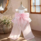Floral Pink Bow Girls Off Shoulder Formal Dress Kids Wedding Pageant Gown