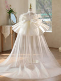 White Feather Detachable Train Flower Girl Dress | Satin Lace Toddler Wedding Pageant Gown