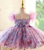 Pastel Purple 3D Floral Feather Tutu Dress | Bow Toddler Flower Girl Birthday Princess Gown