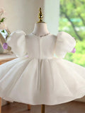 Luxury White Girl Pageant Dress 3D Butterfly Floral Puff Sleeve Birthday Stage Host Gown