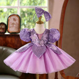 Parkly Purple Sequin Flower Girl Dress with 3D Butterflies Puff Sleeves Princess Tutu Gown for Birthday Pageant Party