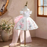 Floral Pink Bow Girls Off Shoulder Formal Dress Kids Wedding Pageant Gown