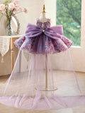 Purple 3D Flower Detachable Train Flower Girl Dress | Sequin Toddler Pageant Gown