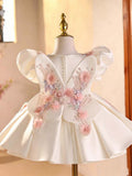 Ivory Princess Flower Girl Dress with Headband - Beaded Pastel Floral Baby Birthday Gown