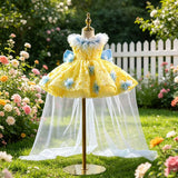 Toddler Yellow Blue Sequin Princess Dress | Detachable Train Flower Girl Wedding Gown