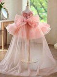 Luxury Sequin Pink Flower Girl Dress with Detachable Train — Big Bow Toddler Princess Ball Gown for Weddings & Birthdays