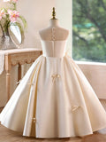 Champagne Satin Flower Girl Dress - Elegant Bows Birthday Party Gown