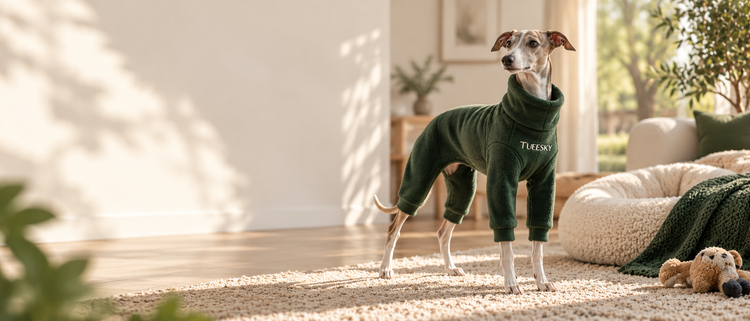 Italian Greyhound wearing a TUEESKY fleece onesie for warmth and comfort