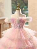Pink Off Shoulder Tiered Tulle Flower Girl Dress | Princess Birthday Pageant Gown for Kids Wedding Party