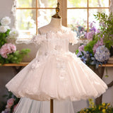 Luxury White 3D Flower Girl Dress with Train | Kids Wedding Gown