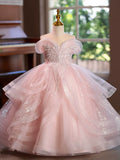 Blush Pink Off Shoulder Glitter Sequin Layered Tulle Flower Girl Dress Pageant Gown