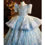 Glittery Ice Blue Princess Flower Girl Dress | Heavy Beaded Baby Birthday Ball Gown