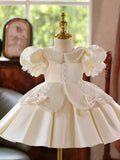 Champagne Satin Peter Pan Collar Flower Girl Dress | Puff Sleeve Lace Bow Kids Wedding Bridesmaid Formal Gown for Birthday Pageant