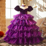 Luxury Deep Purple Sequin Flower Girl Dress with Pearl Collar Baby Birthday Party Gown