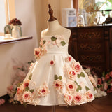 Ivory Satin Strapless 3D Rose Applique Flower Girl Dress for Wedding Baptism Birthday