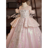 Luxury Pink Flower Girl Dress with Iridescent Sequins | Pageant Princess Gown