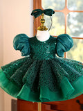 Emerald Green Sequin Flower Girl Dress with Puff Sleeves & Headband