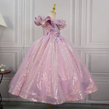 Sparkly Pink Sequin Flower Girl Dress - Girls 3D Flower Princess Ball Gown
