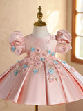 Pink 3D Flower Girl Dress with Puff Sleeves | Luxury Toddler Birthday Gown