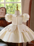 Champagne Satin Peter Pan Collar Flower Girl Dress | Puff Sleeve Lace Bow Kids Wedding Bridesmaid Formal Gown for Birthday Pageant