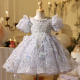 Sparkling Silver Girls Birthday Party Dress - Elegant Tulle Pageant Gown with Puff Sleeves