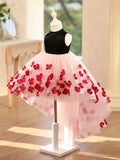 Black Velvet High Neck Pink Hi-Low Tulle 3D Red Flower Girl Dress