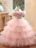 Pink Off Shoulder Tiered Tulle Flower Girl Dress | Princess Birthday Pageant Gown for Kids Wedding Party