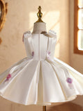 Ivory Satin Flower Girl Dress with Bows Luxury Girl Birthday Princess Gown for Piano Performance