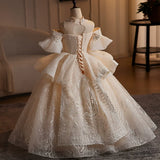 Champagne Girls Pageant Dress | Luxury Silver Embroidered Gown