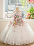 Floral Applique Baby Girl Birthday Dress - Elegant Tulle Baptism Gown, Graduation & Wedding Flower Girl Dress