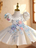 Ivory Satin Multi-Color 3D Flower Pearl Appliqué Flower Girl Dress for Wedding Birthday Pageant