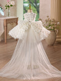 Sleeveless Textured Fringe White Flower Girl Gown with Removable Tulle Train for Wedding Baptism Pageant