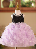 Black Top Lavender 3D Petal Tutu Flower Girl Dress | Pearl Halter Kids Pageant Gown with Big Bow for Birthday Wedding Party
