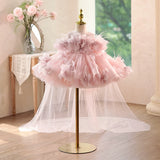 Pink Feather Floral Train Flower Girl Dress | Toddler Birthday Princess Tutu Gown