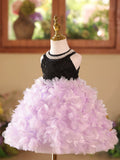 Black Top Lavender 3D Petal Tutu Flower Girl Dress | Pearl Halter Kids Pageant Gown with Big Bow for Birthday Wedding Party