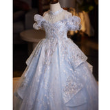 Luxury Light Blue Flower Girl Dress with Crystals | Princess Pageant Gown