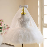 Flower Girl Dress White Lace Beaded Tutu First Communion Dress with Bow Veil for Baby
