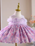 Sleeveless Lavender Ruffle Pearl Tutu Flower Girl Dress for Wedding Baptism Toddler Birthday