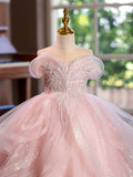 Blush Pink Off Shoulder Glitter Sequin Layered Tulle Flower Girl Dress Pageant Gown