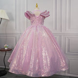 Sparkly Pink Sequin Flower Girl Dress - Girls 3D Flower Princess Ball Gown